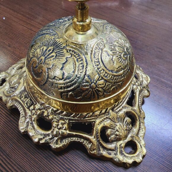 Embossed Shiny Brass Table Desk Bell for Hotels and Reception Spaces - Picture 2 of 3